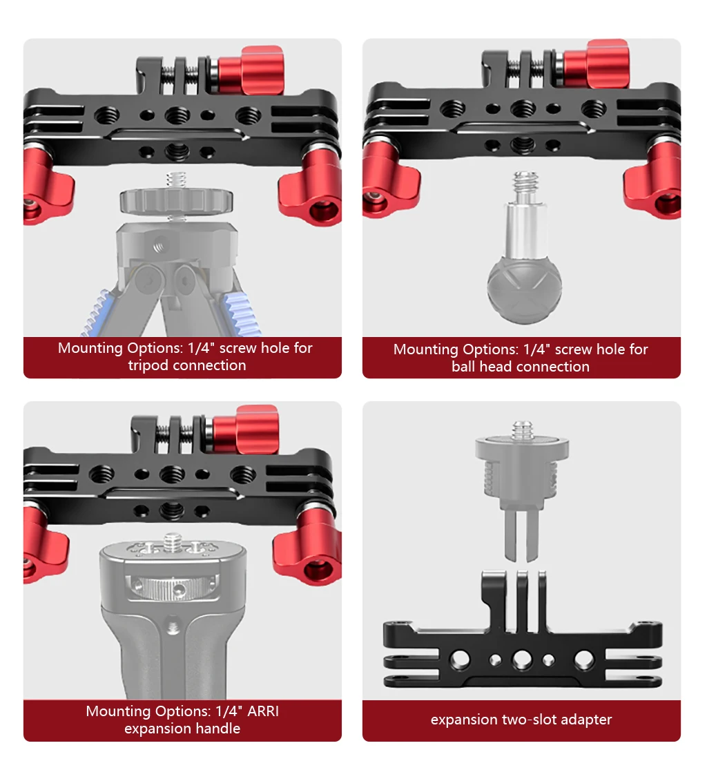 3-in-1 Action-Kamera-Erweiterungshalterung mit 1/4-Zoll- und Arri-Löchern für GoPro10 LED-Licht, Monitorständer, Vlog-Livestreaming-Stange – Detail 6