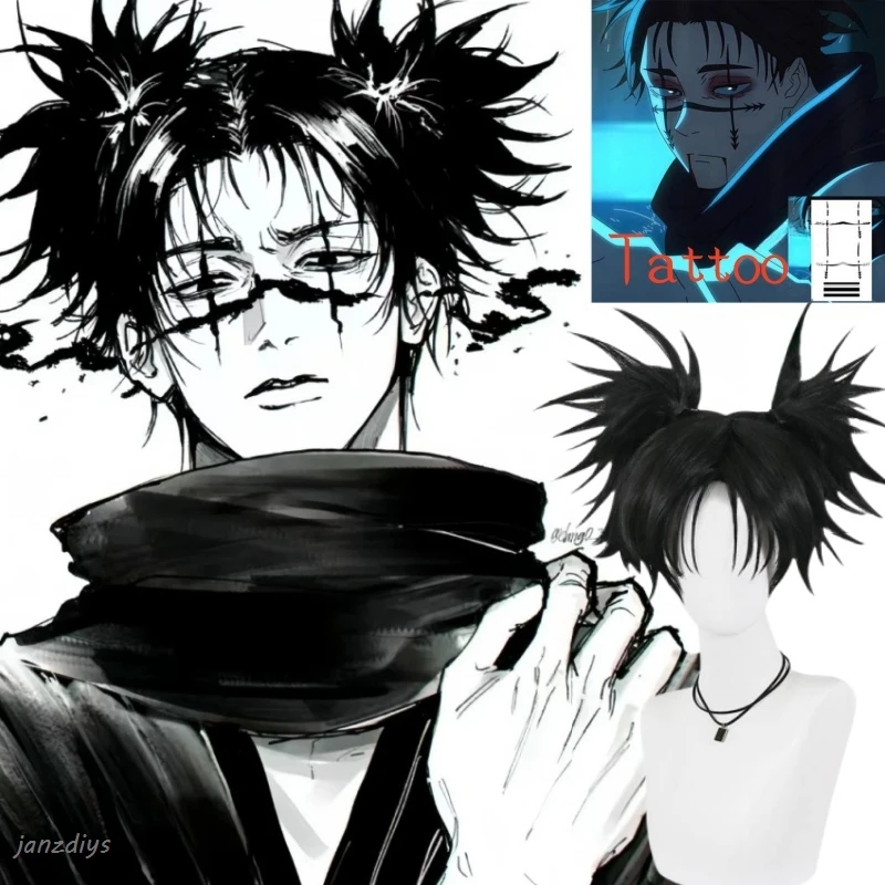 

Choso Cosplay Wig Anime Jujutsu Kaisen Season 2 Black Double Ponytail Hair Sticker Itadori Yuji Fiber Hair+Free Wig Cap