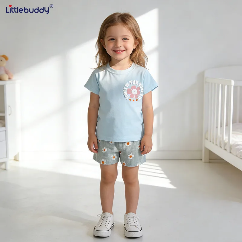 

Children's Outfit for Girls, Floral Pattern, New Summer Style, Round Neck for Young ChildrenTFashionable casual two-piece shirt