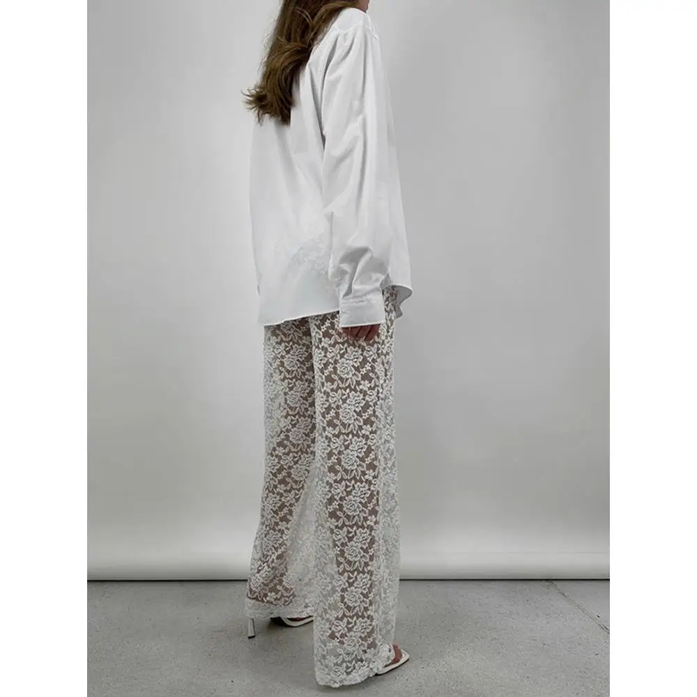 Calças Casuais de Cintura Alta com Renda Translúcida, Modelagem Slim, Estilo Street, Perna Reta Assimétrica para Mulheres de Meia-Idade, Poliéster F...