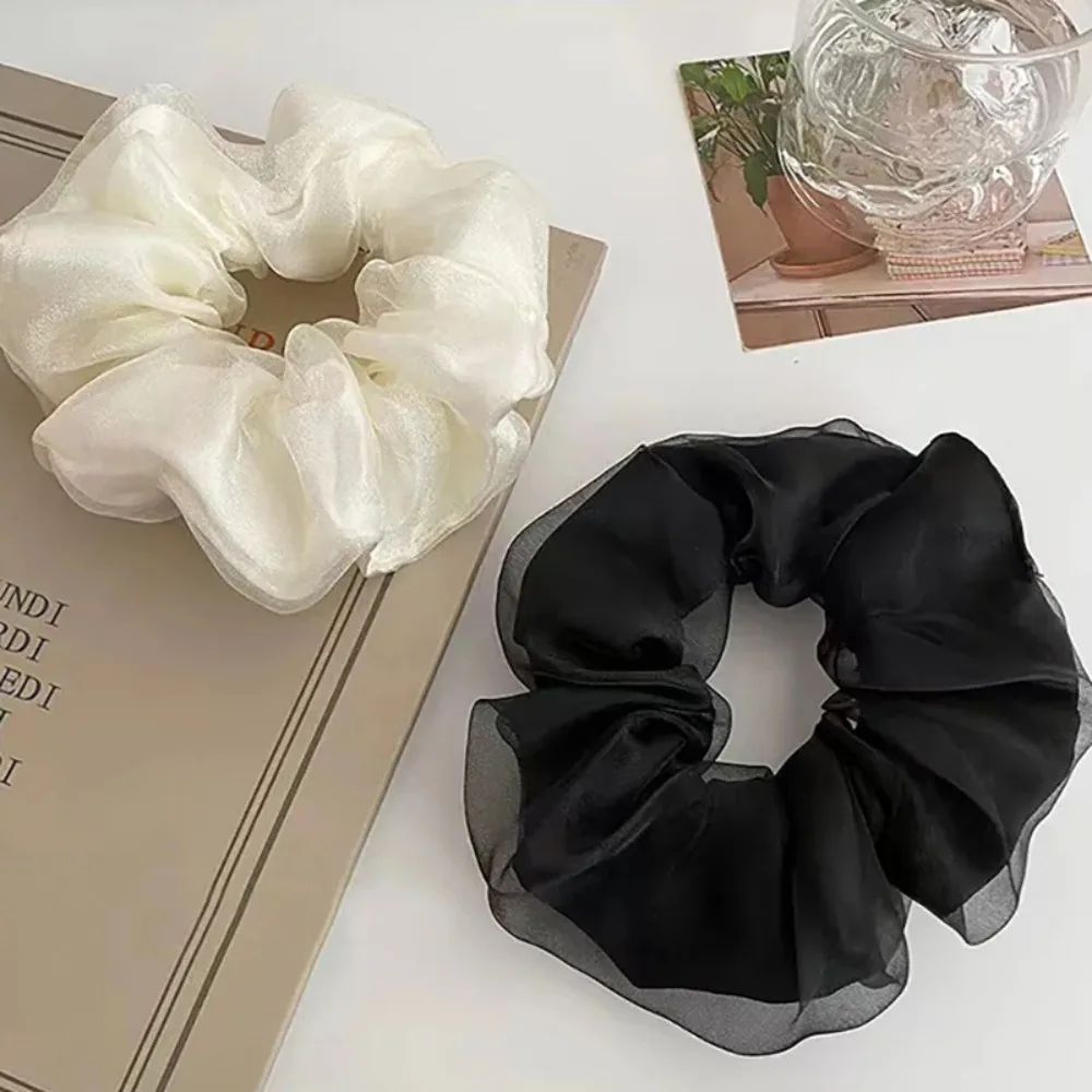 Elegante Organza cabelo corda, laço elástico, faixa de cabelo coreano, charme e beleza, preto bege Khaki Scrunchie, moda