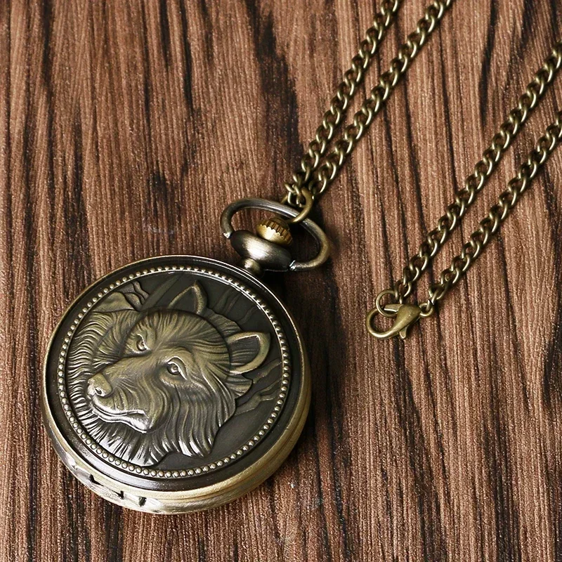 Retro Carved Wolf Dog Pattern Men Women Analog Quartz Pocket Watch Arabic Number Display Clock with Necklace Chain Gift