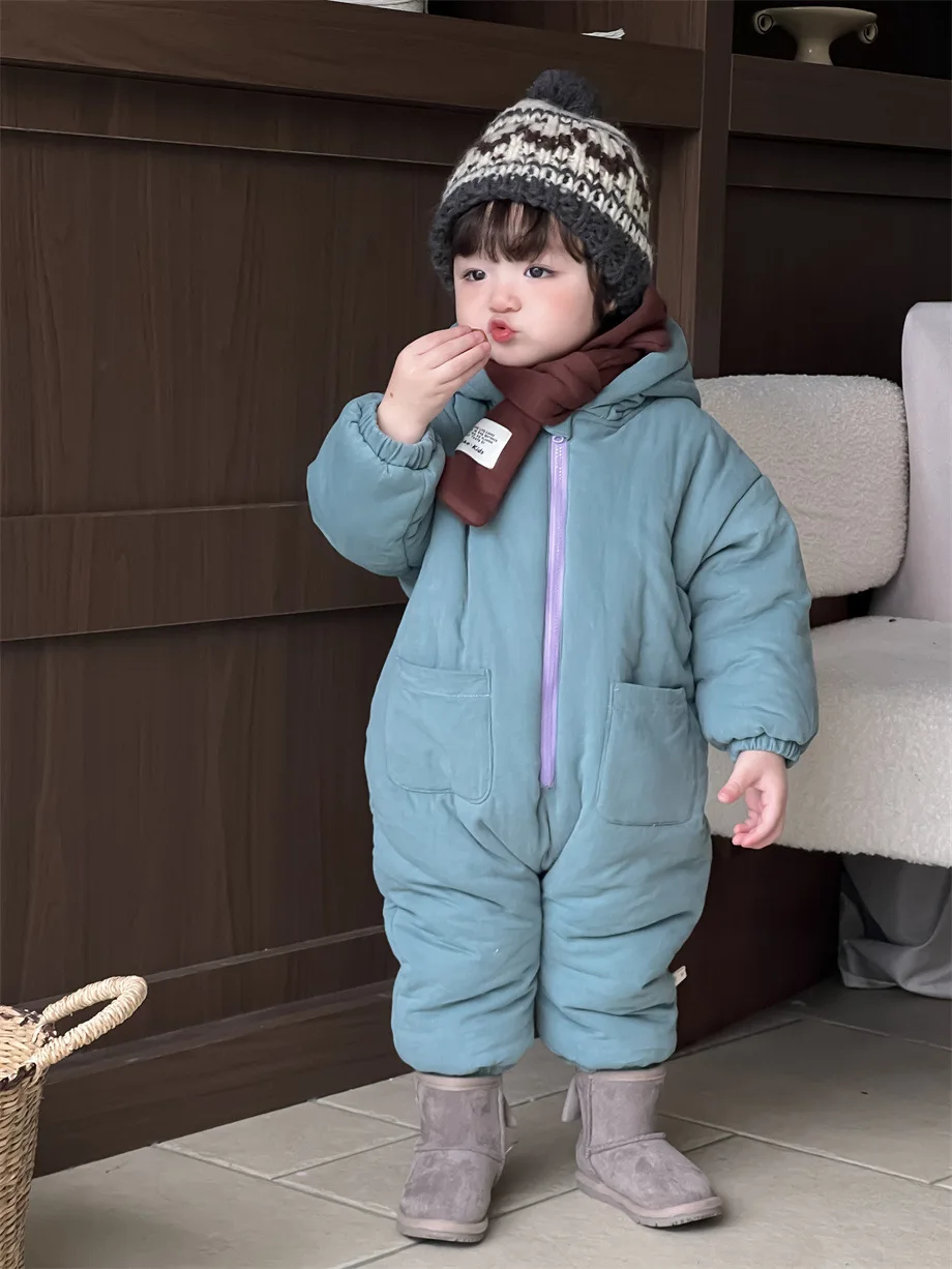 2024 Winter New Baby Fleece Hooded Romper Infant Boy Girl Padded Jumpsuit Plus Velvet Thick Newborn Toddler Warm Clothes 0-24M