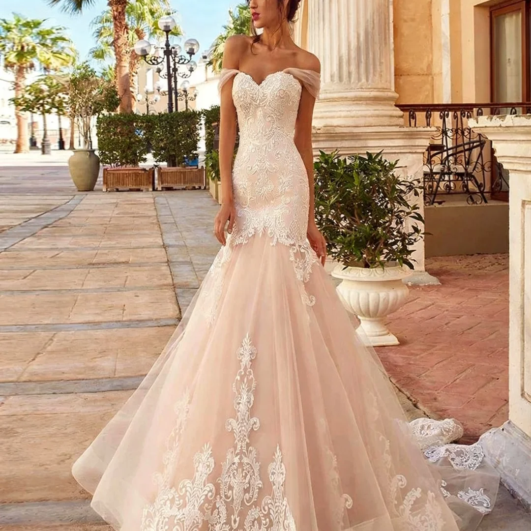 

Розовое свадебное платье русалки с открытыми плечами по индивидуальному заказу и кружевом, вечерние платья для выпускного вечера невесты