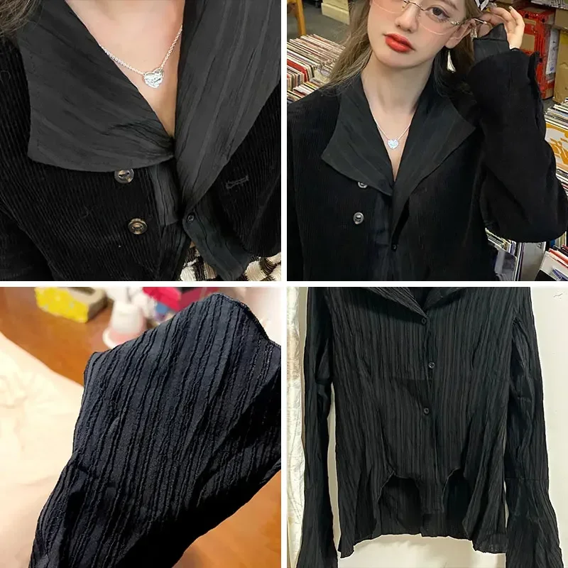 Yamamoto สไตล์สีดําเสื้อผู้หญิงแขนยาวไม่สม่ําเสมอเสื้อ Babes Retro Dark ความงามเสื้อผ้า Gothic Tops