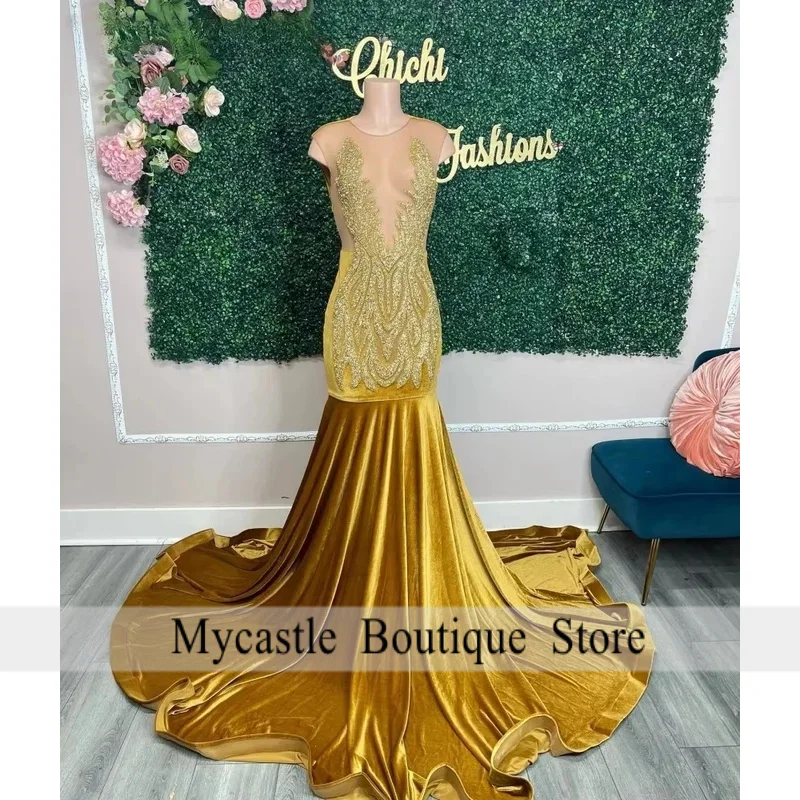 

Glitter Gold Sequins Diamond Prom Dresses Sheer Neck Crystal Beads Velour Party Gown Wedding Dress Evening Gowns Custmized