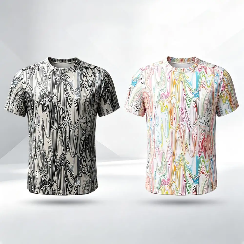 Men's Marble Swirl Print T-Shirt Summer Fashion Abstract Liquid Wave Pattern Short Sleeve Tee Unique Casual Crew Neck Streetwear