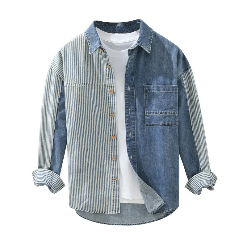 spring autumn American casual fashion brand top loose vertical stripe patchwork denim long sleeve shirt for men high street wear