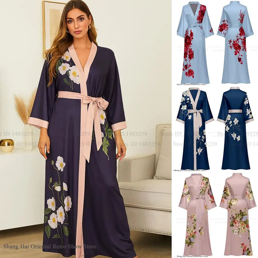 

PLUS SIZE Long Robe Kimono Batghrobe Gown for Women Sexy Print Flower Nightgown Home Dress Loose Casual Loungewear Negligee