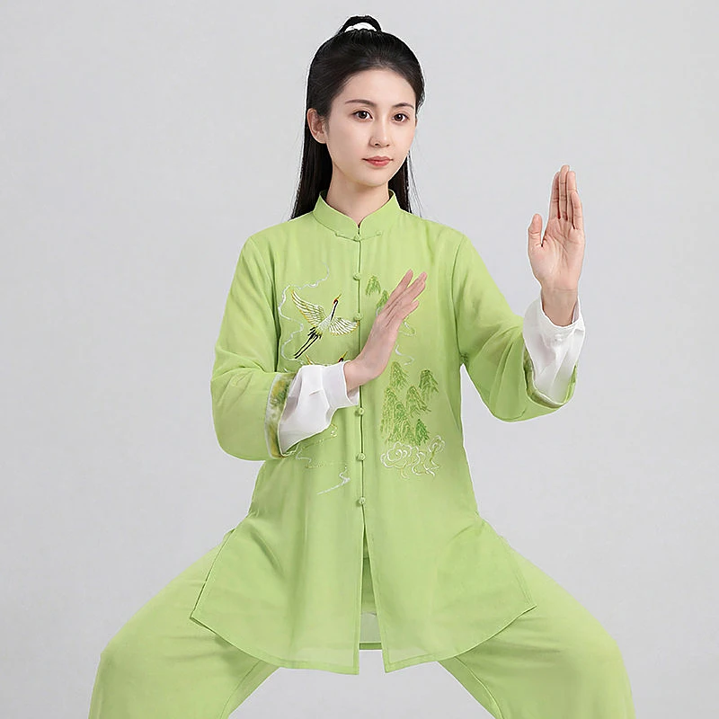 Hand-Painted Crane Tai Chi Suit – Flowy Linen Blend Uniform for Performance  Qigong, Custom-Made in Light Green, Spring/Summer