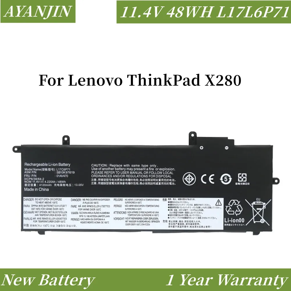 

Аккумулятор L17L6P71 11,4 в 48 Втч для Lenovo ThinkPad X280 L17M6P71 L17C6P71 01AV470 01AV471 01AV472 SB10K97617