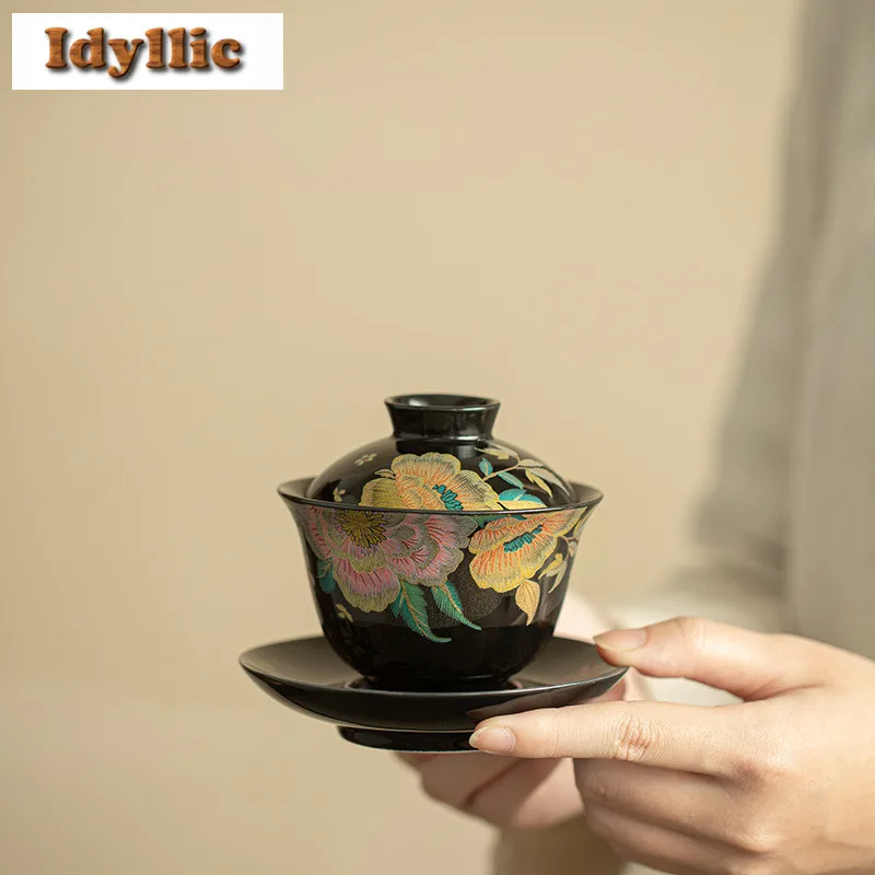 

150ml National Style Peony Black Glaze Gaiwan Luxury Tea Tureen Tea Bowl With Lid Kit Tea Maker Cover Bowl Cafes Supplies Craft