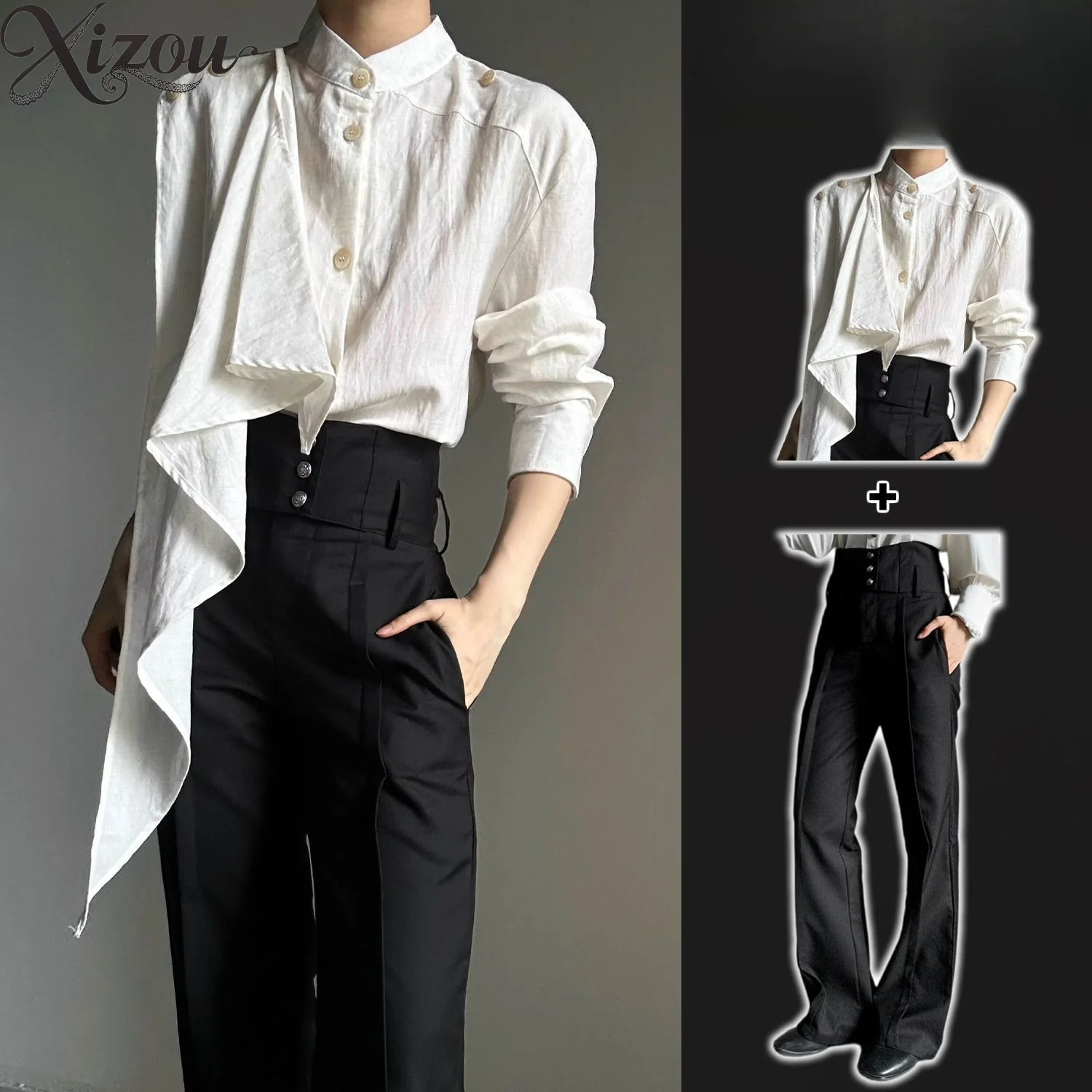Two Piece Outfit Irregular Draped Long Sleeve Shirt High Waist Flare Pants Vintage Dark Gothic Unisex Suit Spring Summer 2026