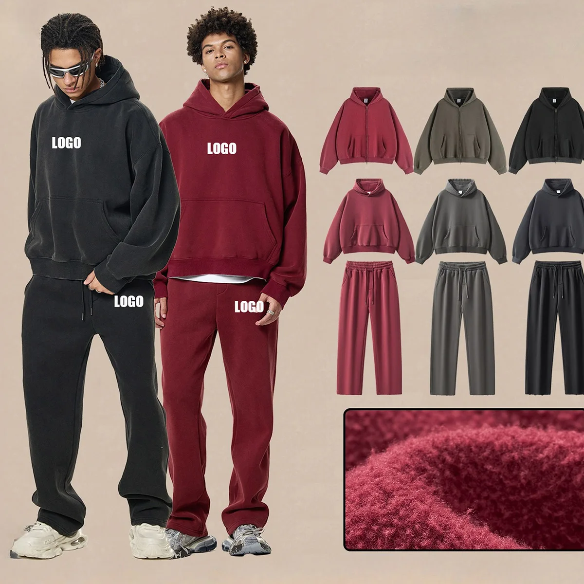 

Customized LOGO Men's Fashion "Boxy Version Heavy 350G Fleece Thickened Washed Sports Running Sweater Set