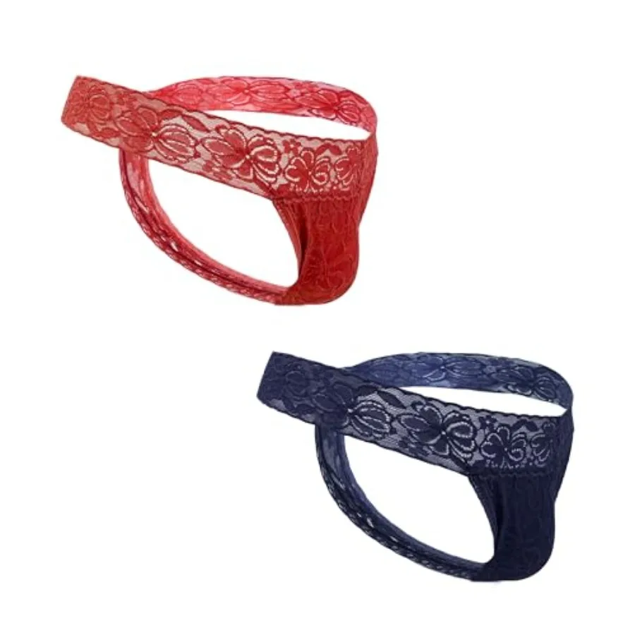 

Sexy Men Lace Thongs Comfortable Soft Lace T Back Thong Underwear Wide Waistband 2 Pack Size S-4XL