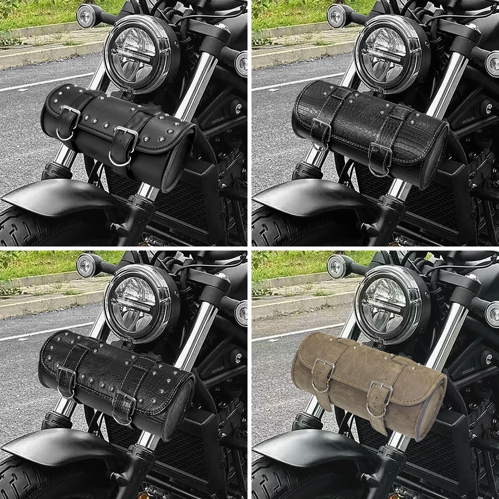 Motorcycle Front Fork Handlebar Bag Leather Waterproof Large Motor Saddlebags Bag Moto Luggage Capacity Storage Pouch Tank W4P2