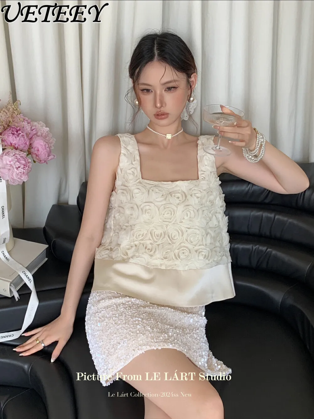 

Summer New Korean Style Flower Fashion All-matching Vest Camisole Niche Gentle Short Sleeveless Outerwear Tank Top for Women