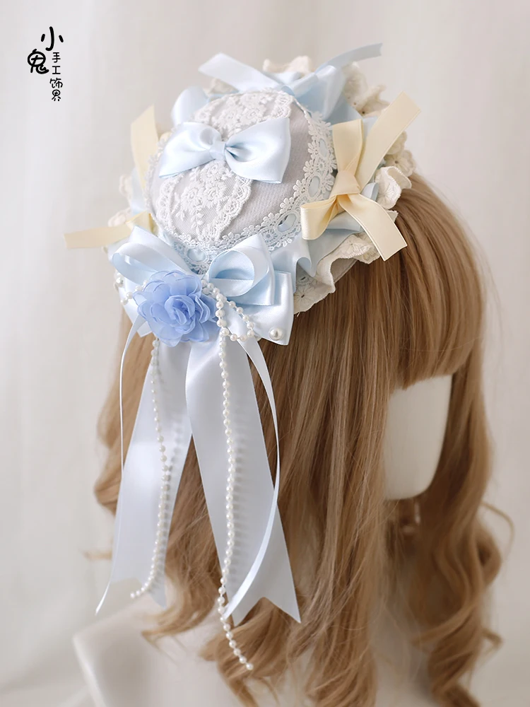 Original White and Blue Lolita Bow Elegant Doll Hair Band Top Hat Oversleeves Kc Barrettes