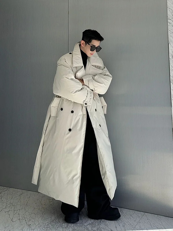 

Зимнее удлиненное пуховое пальто для мужчин с поясом: модное, теплое, выше колена, молодежное, повседневное, стильное.