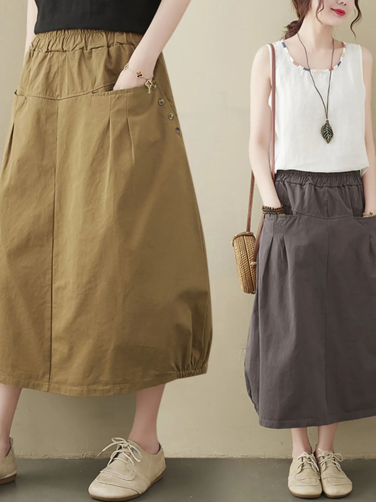 Casual Cotton Linen Artistic Bloom Half Skirt A-Line Lantern Skirt Slimming Elastic Waist Pure Color Versatile Casual Skirt