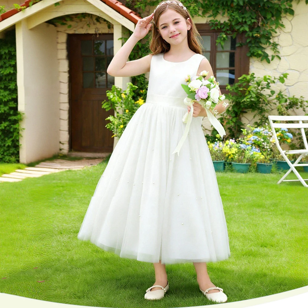 Green Flower Girl Dress V-Back Satin Pearl Tulle Wedding Bridesmaid Princess Birthday Party Communion Formal Ball Gown For Party