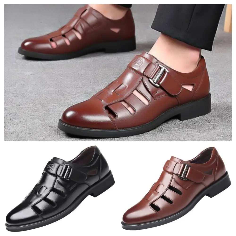 

Classic Business PU Sandals Men Comfortable Breathable Closed-toe Shoes PVC Sole Outwear Hollow Leather Shoes Autumn