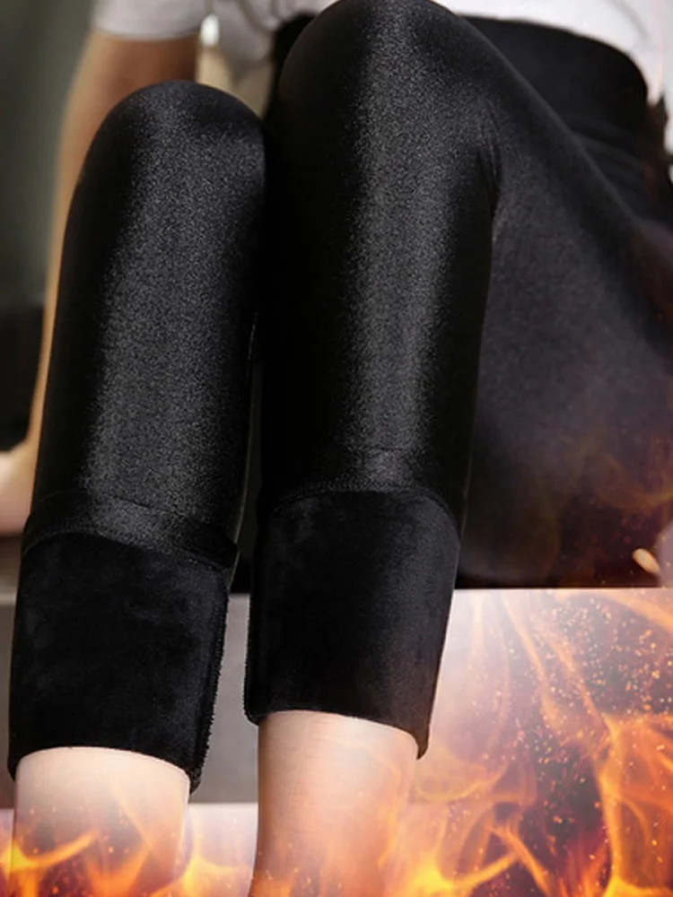 Velvet Leggings Women Thick Fleece Shiny Winter Leggins Fashion Casual Solid Color Elastic Thicken High Waist Tights Stretchy