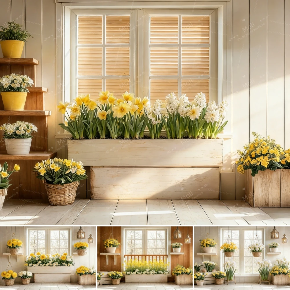 

Spring Photo Backgound Red Yellow Flowers Suspended Basket Window Birthday Holiday Party Decor Photography Backdrop Props