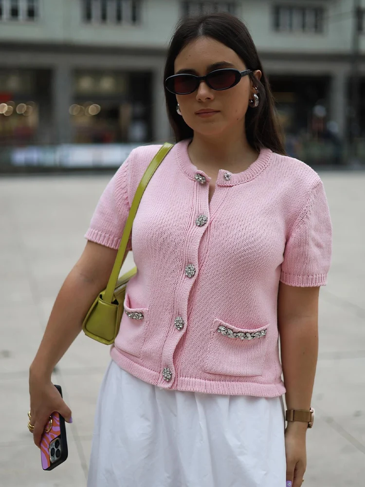 

TRAFZA Woman Fashion Pink Round Neck Short Sleeves Pockets Rhinestones Knitting Coats Female Chic Single Breasted Cardigan Top