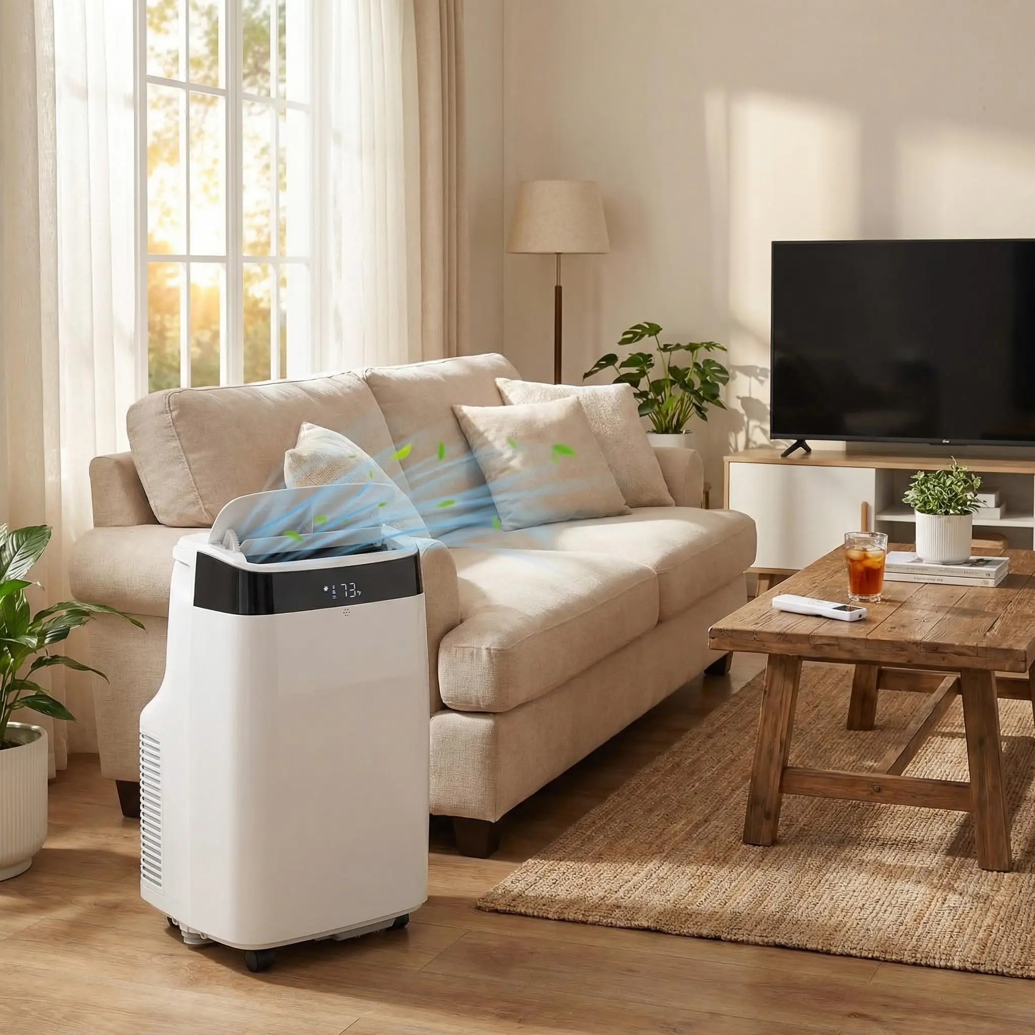 Portable Air Conditioner Cools Rooms Up To 450 Sq Ft 3 In 1 Quiet AC Unit With 3 Speeds Remote Control 24H Timer Smart Control Panel Multi Function Modes For Home Office Bedroom