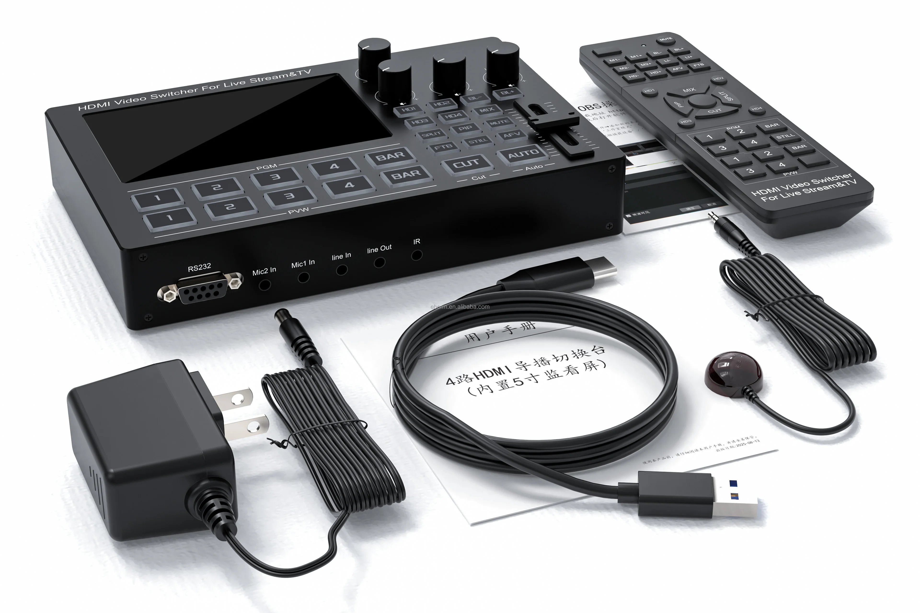 Comutador de Vídeo HDMI de 4 Canais com Tela de 5 Polegadas, Mixer de Microfone, Suporte para Captura de Vídeo Tipo C