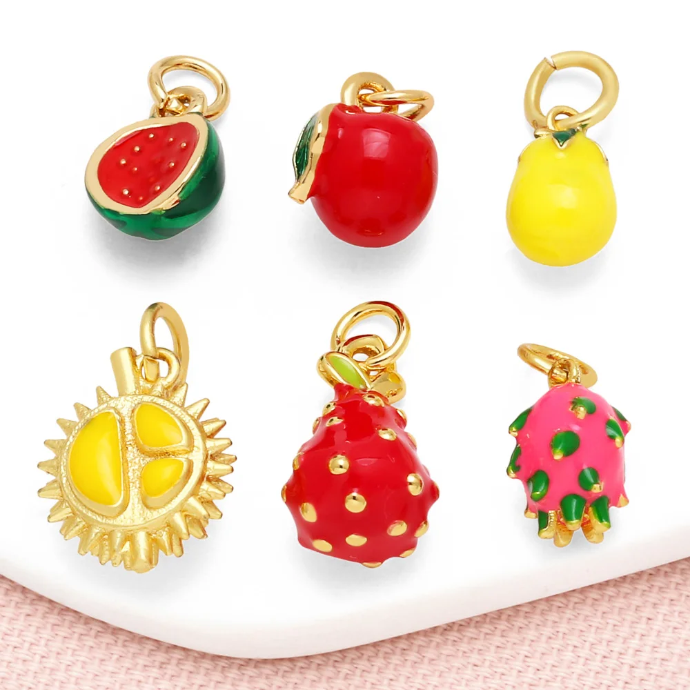 OCESRIO Trendy Esmalte Frutas Encantos para Pulseira Cobre Banhado A Ouro Durian Cereja Pitaya Jóias Fazendo Acessórios chma324