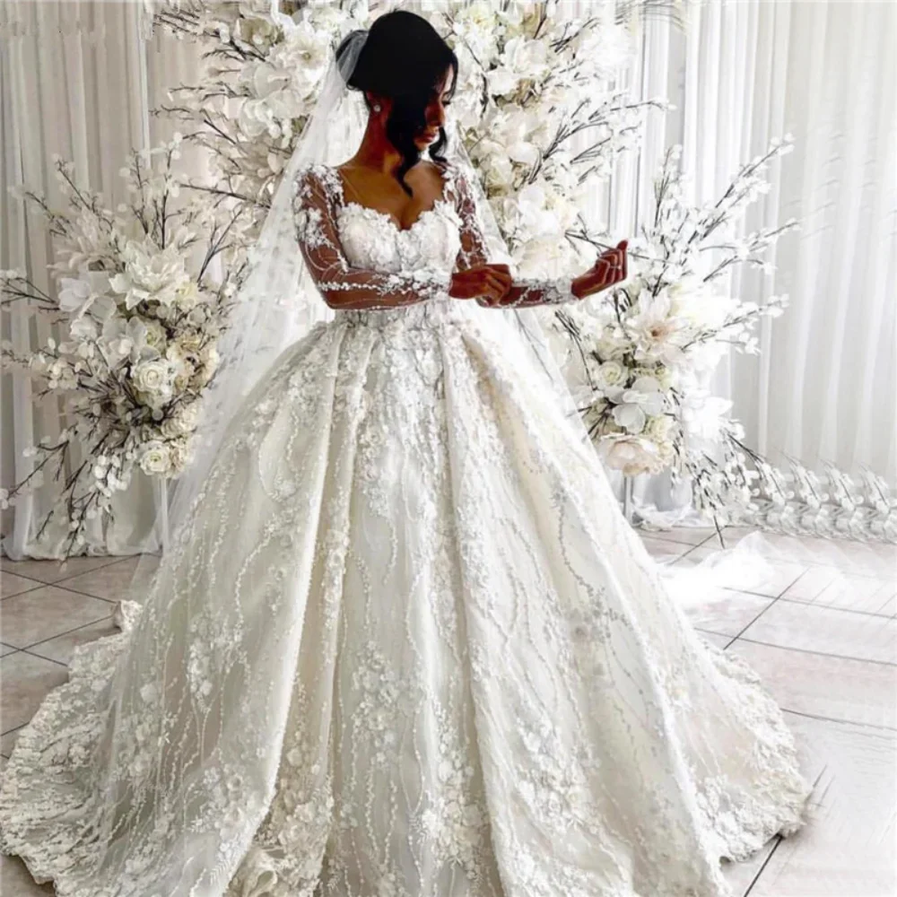 Elegant 3D Flowers Wedding Dresses White Fashion Sweetheart Long Sleeves Ball Gowns Chic Lace Applique Beads Bridal Dresses