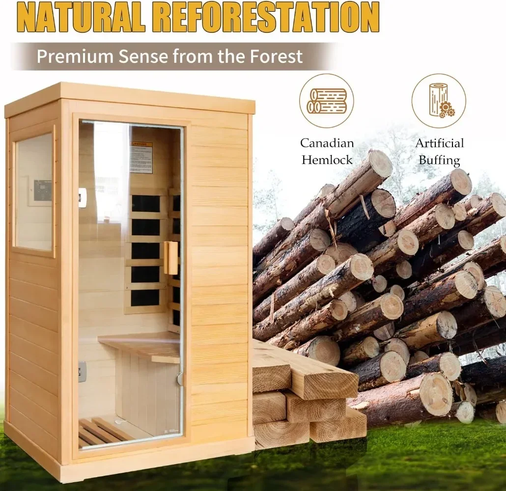 Far Infrared Sauna 1 Person Sauna Home Canadian Hemlock 800W Low-Emf Dry Saunas 5 Ultra-Low Energy Saving Heating