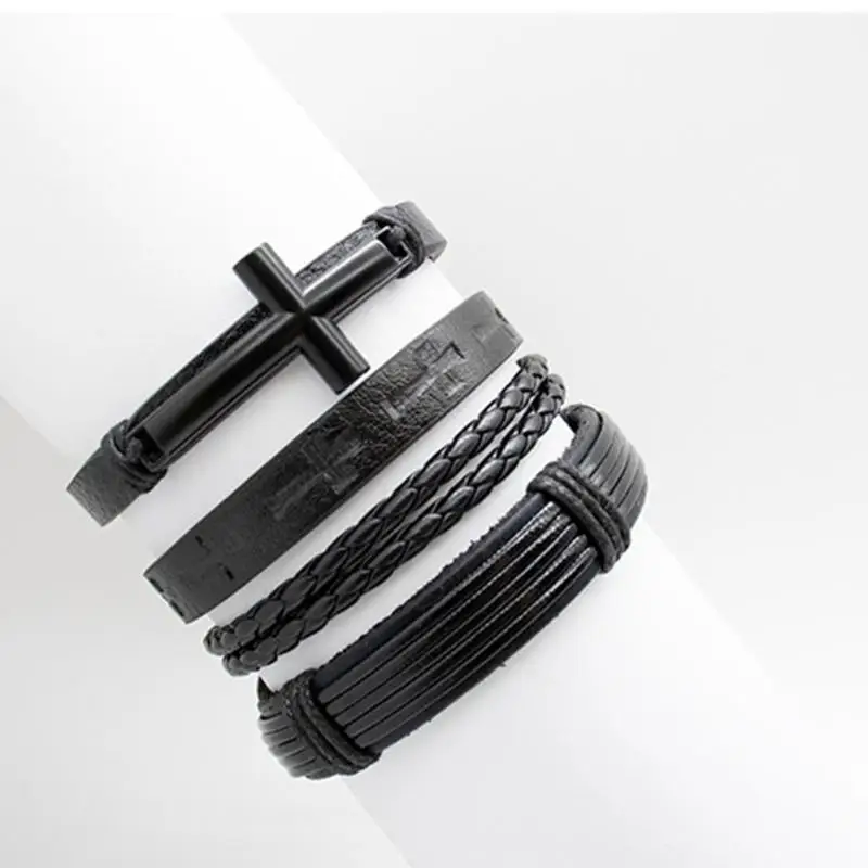 

31BB 4 Pack Handmade Bracelet Leather Bracelet Fashion Wrist Accessory Multilayer Daily Wear Bracelet Leather Texture for Man