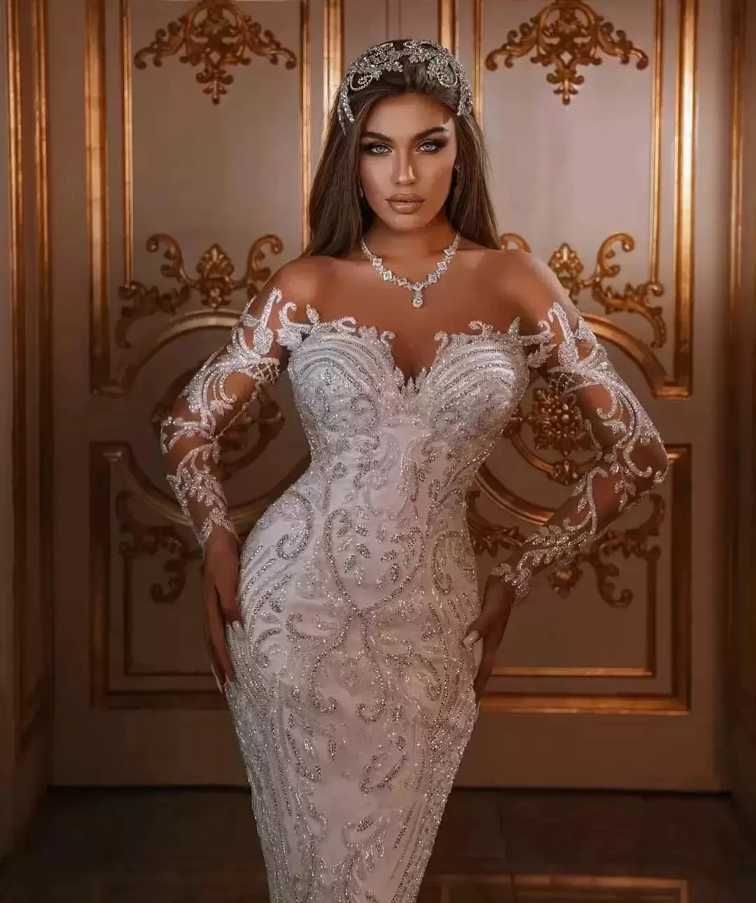 2025 vestido De novia De sirena De lujo con falda desmontable mangas largas ilusión apliques Vestidos De novia árabes Vestidos De novia