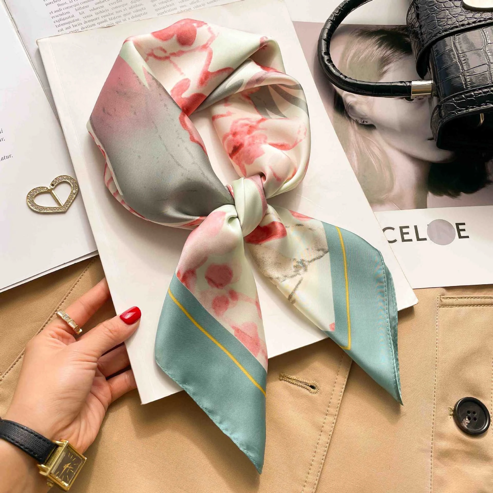 70cm Leopardenmuster Seidenschal für Damen Satin-Tuch Modische Wickel Schal Halstuch Damen Haarbänder Stirnband Bandana – Detail 10