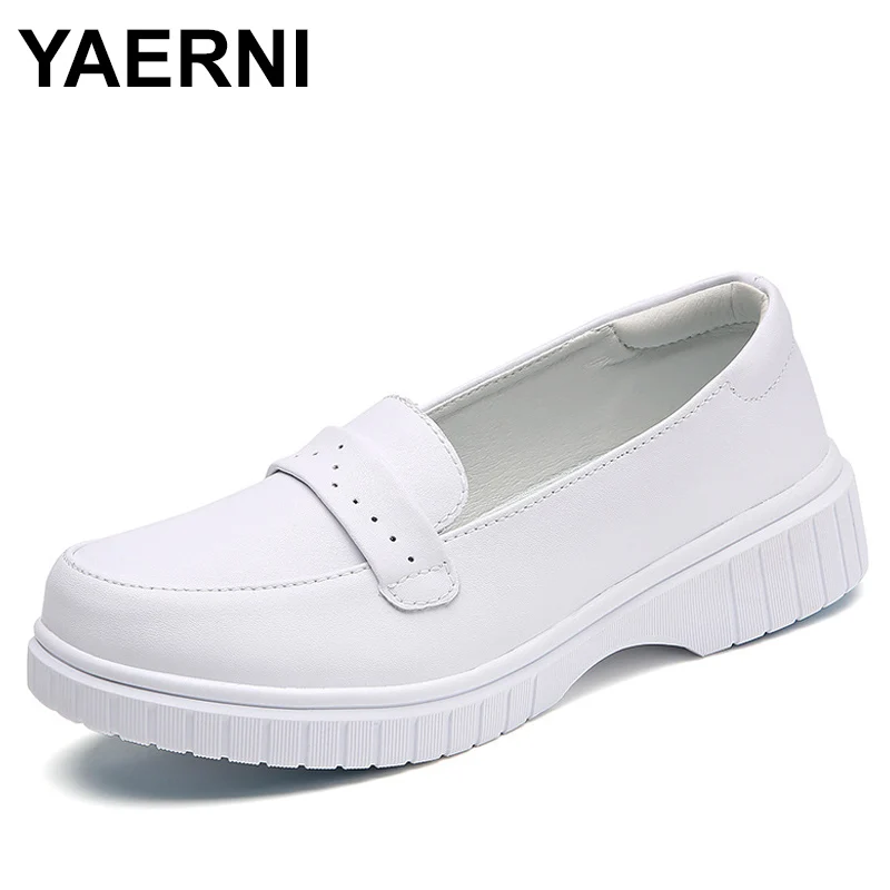 Nurse shoes women\'s soft soles, thick soles, leather, breathable, lightweight, comfortable, cute, anti-slip white medical shoes