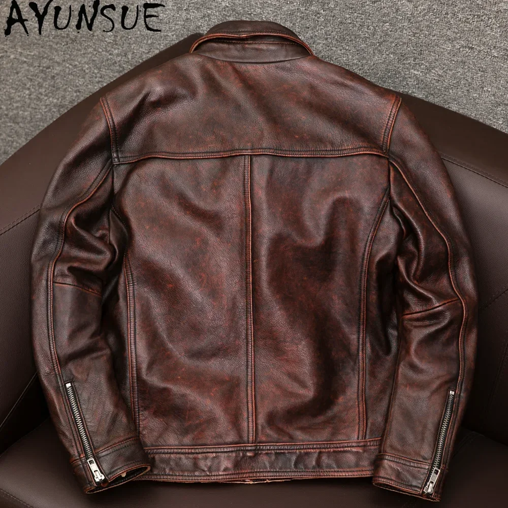 AYUNSUE Men Leather Jacket Autumn Genuine Cow Leather Jackets for Men Vintage Cowhide Coats Motorcycle Leather Coats Jaquetas
