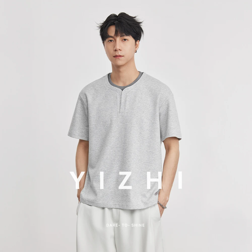 Men's 260g Heavyweight Fake Two-Piece Crew Neck Short Sleeve T-Shirt 2026 Summer Casual Drop Shoulder