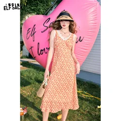 ELFSACK 2024 Summer New Arrivals French V-neck Temperament Holiday Style Chiffon Floral Sleeveless Dress for Women