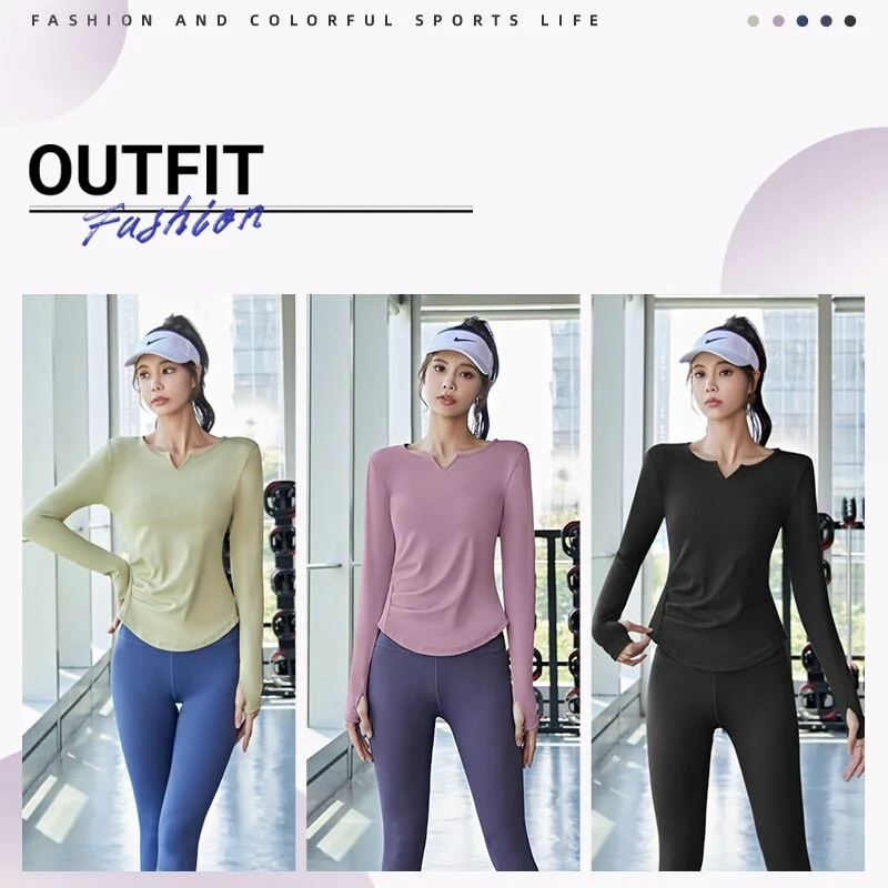 

New solid color V-neck pleated long sleeved waistband slimming yoga suit for women seamless breathable quick drying tight yoga t