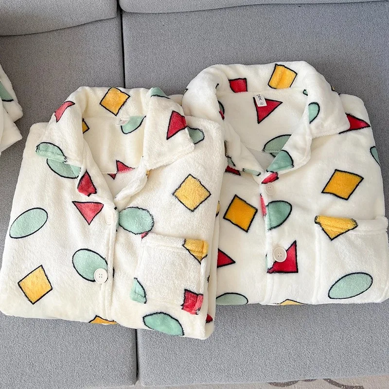 Anime Crayon Shin-Chan Men's/women's Couple Pajamas Velvet Set Casual Pajama Plush Lapel Coral Fleece Cartoon Warm Homewear