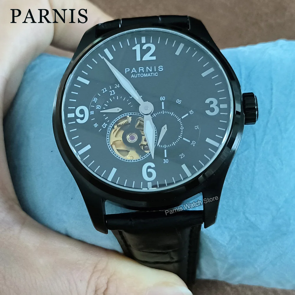 Parnis 44mm Miyota82S7 Automatic Sapphire Crystal Men's Mechanical Watch 24-hour Black Dial Stainless Steel Case