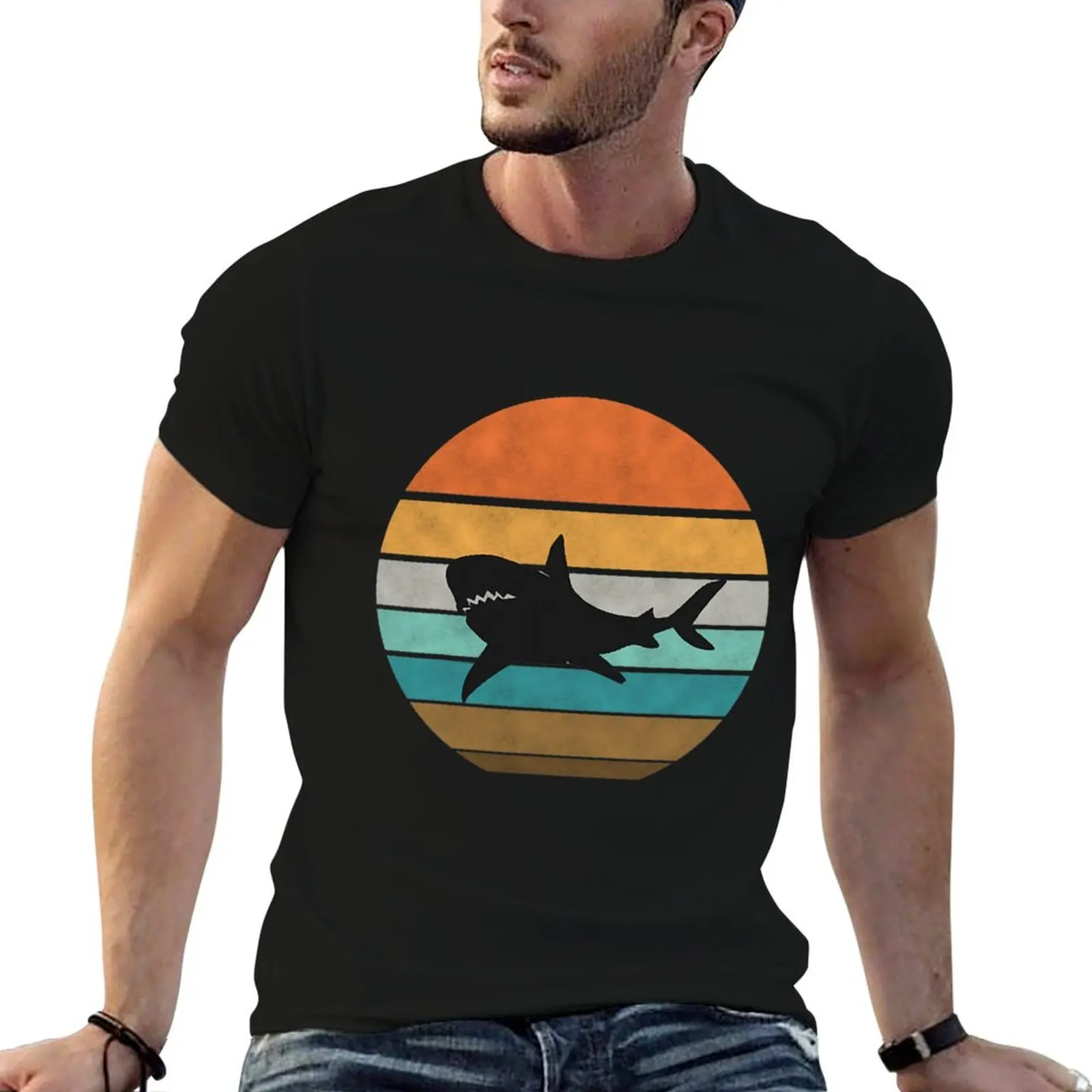 

Vintage Retro Shark Silhouette Funny T-Shirt summer clothes customizeds graphics mens t shirts pack