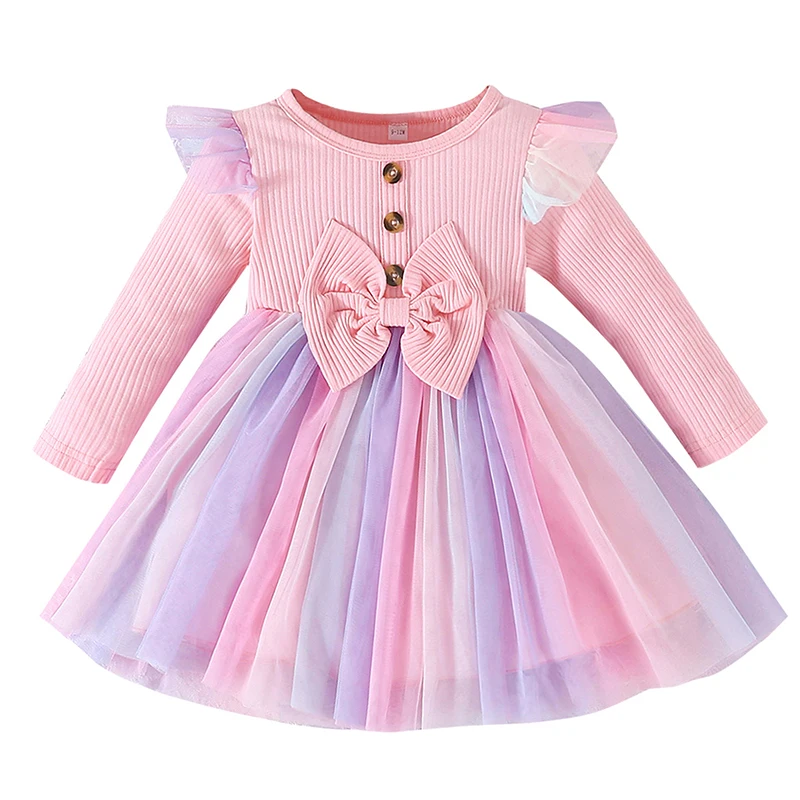 Toddler Kids Girls Spring Princess Dress Long Sleeve Ruffle Tulle Dress Patchwork Dress with Bow