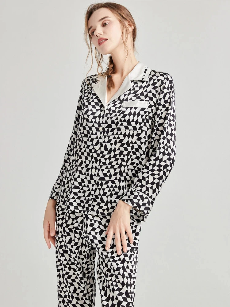 19 Momme 100% Real Mulberry Silk Printed Women Satin Pajama Set Long Sleeve Button-Down Tops & Long Pants Sleepwear Loungewear