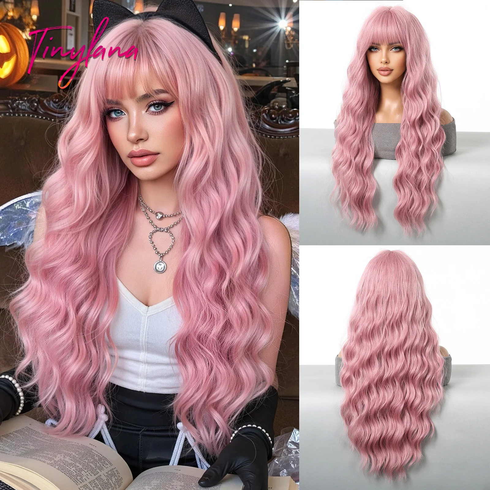 

Long Pink Curly Wave Synthetic Wigs with Bangs for Women Natural Wigs Daily Pink Cosplay Halloween Costume Hair Heat Resistant