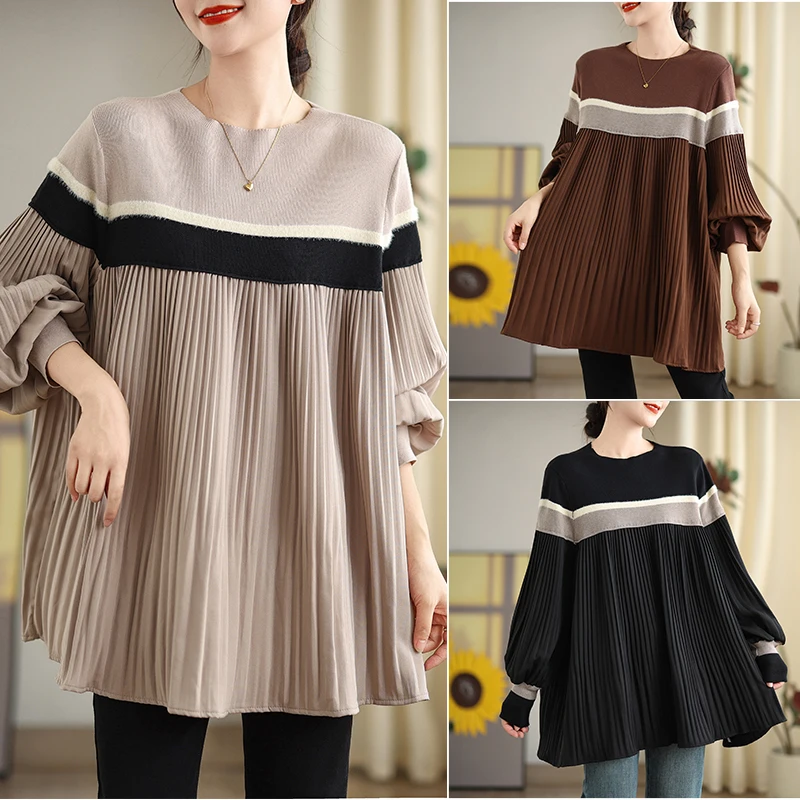 

Faionable Knitted Sweater Color Blo Pleated Loose plus Size Casual Long Sve Top Autumn Winter New Arrival Street Sle