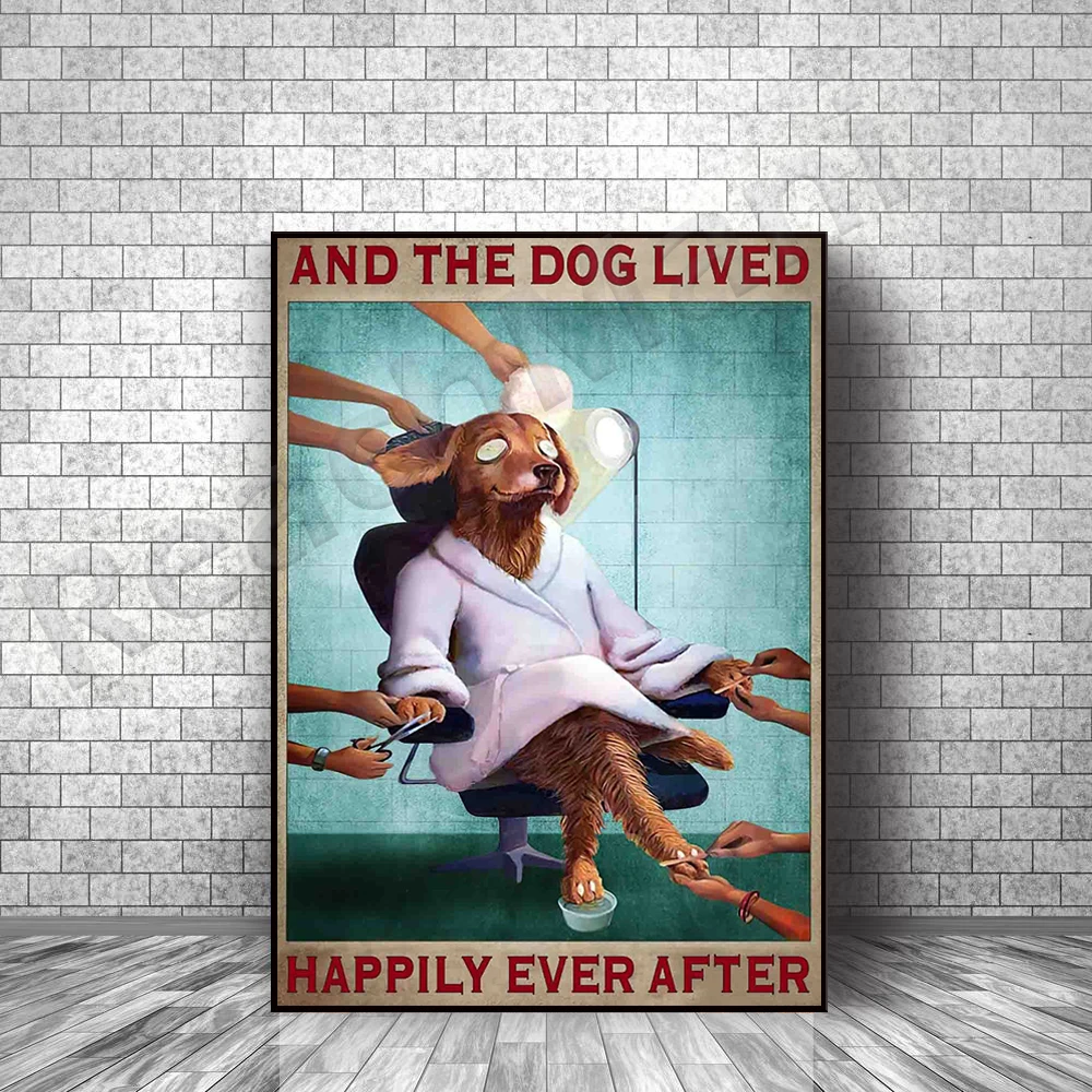 

Dog grooming retro poster, dog grooming spa decor, pet salon decor, dogs live happily after wall art, dog groomer gift